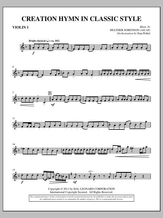 Learn to play Heather Sorenson Creation Hymn In Classic Style - Violin 1 sheet music for Choir Instrumental Pak in minutes. Price: 8.9900$ Heather Sorenson Creation Hymn In Classic Style - Violin 1 sheet music notes and chords arranged for Choir Instrumental Pak