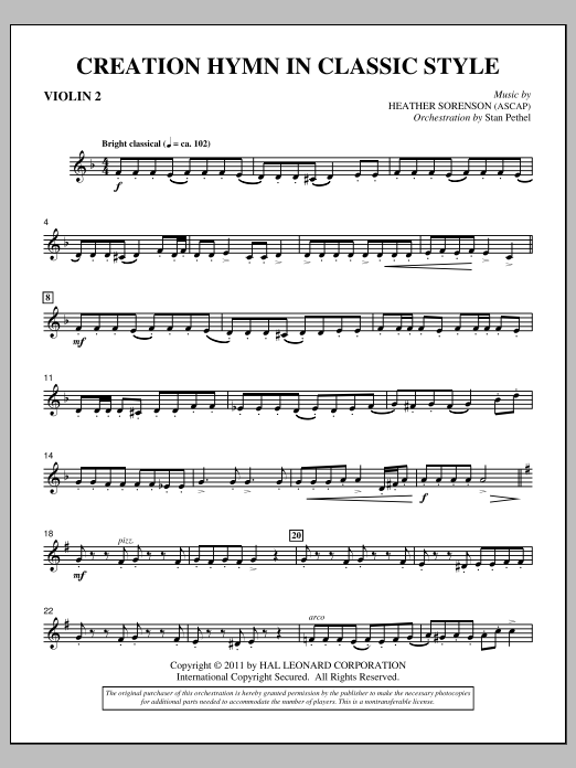 Learn to play Heather Sorenson Creation Hymn In Classic Style - Violin 2 sheet music for Choir Instrumental Pak in minutes. Price: 8.9900$ Heather Sorenson Creation Hymn In Classic Style - Violin 2 sheet music notes and chords arranged for Choir Instrumental Pak