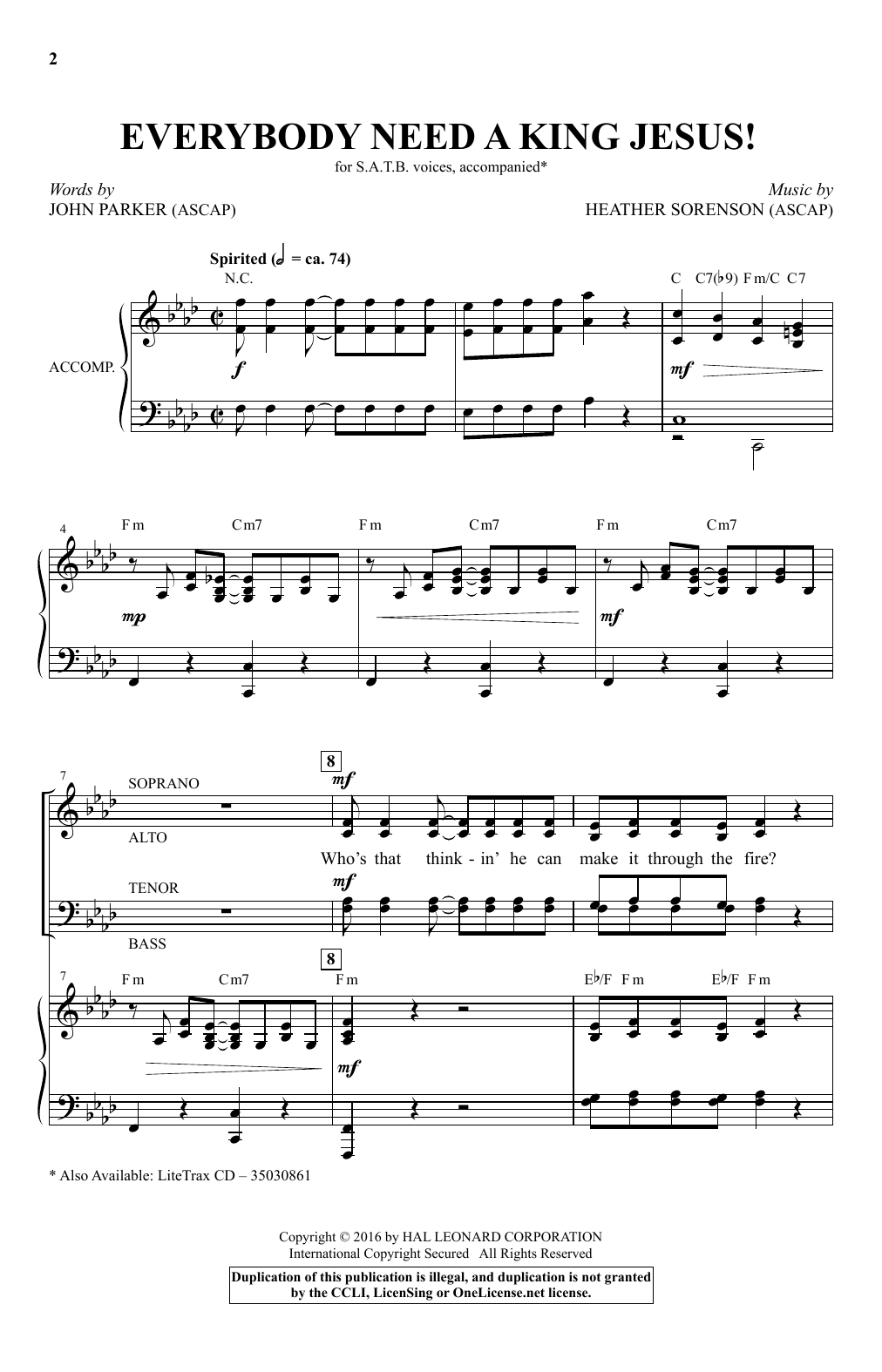 Learn to play Heather Sorenson Everybody Need A King Jesus! sheet music for SATB Choir in minutes. Price: 3.9900$ Heather Sorenson Everybody Need A King Jesus! sheet music notes and chords arranged for SATB Choir