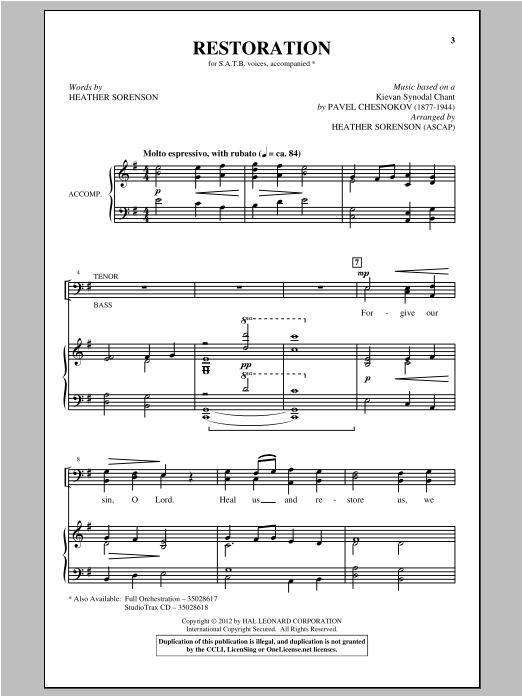 Heather Sorenson Restoration sheet music notes and chords. Download Printable PDF.