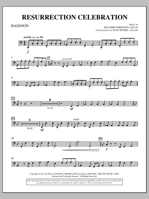 Learn to play Heather Sorenson Resurrection Celebration - Bassoon sheet music for Choir Instrumental Pak in minutes. Price: 8.9900$ Heather Sorenson Resurrection Celebration - Bassoon sheet music notes and chords arranged for Choir Instrumental Pak
