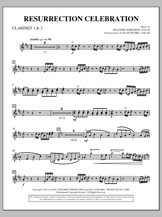 Learn to play Heather Sorenson Resurrection Celebration - Bb Clarinet 1,2 sheet music for Choir Instrumental Pak in minutes. Price: 8.9900$ Heather Sorenson Resurrection Celebration - Bb Clarinet 1,2 sheet music notes and chords arranged for Choir Instrumental Pak