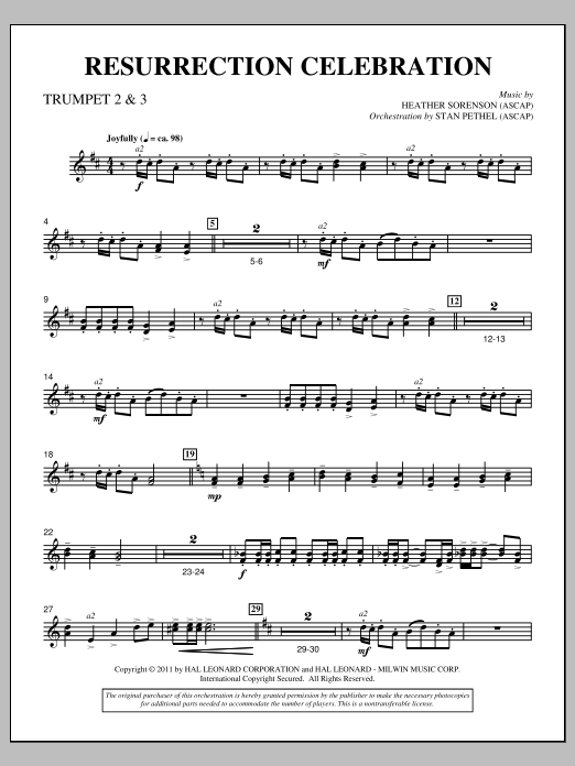 Learn to play Heather Sorenson Resurrection Celebration - Bb Trumpet 2,3 sheet music for Choir Instrumental Pak in minutes. Price: 8.9900$ Heather Sorenson Resurrection Celebration - Bb Trumpet 2,3 sheet music notes and chords arranged for Choir Instrumental Pak