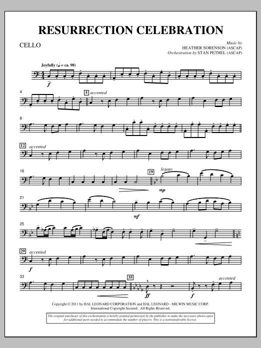 Learn to play Heather Sorenson Resurrection Celebration - Cello sheet music for Choir Instrumental Pak in minutes. Price: 8.9900$ Heather Sorenson Resurrection Celebration - Cello sheet music notes and chords arranged for Choir Instrumental Pak