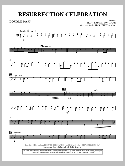 Learn to play Heather Sorenson Resurrection Celebration - Double Bass sheet music for Choir Instrumental Pak in minutes. Price: 8.9900$ Heather Sorenson Resurrection Celebration - Double Bass sheet music notes and chords arranged for Choir Instrumental Pak