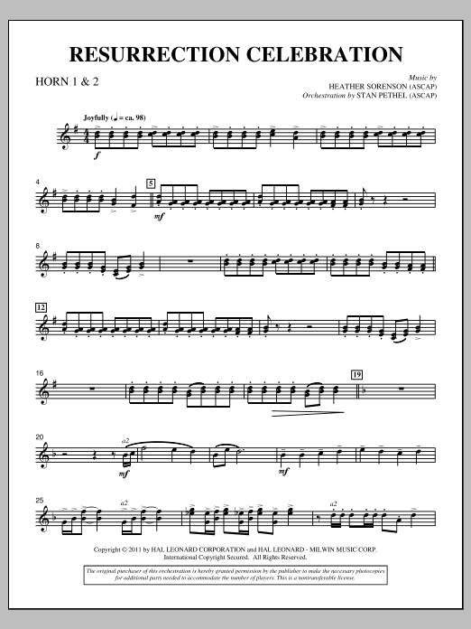 Learn to play Heather Sorenson Resurrection Celebration - F Horn 1,2 sheet music for Choir Instrumental Pak in minutes. Price: 8.9900$ Heather Sorenson Resurrection Celebration - F Horn 1,2 sheet music notes and chords arranged for Choir Instrumental Pak