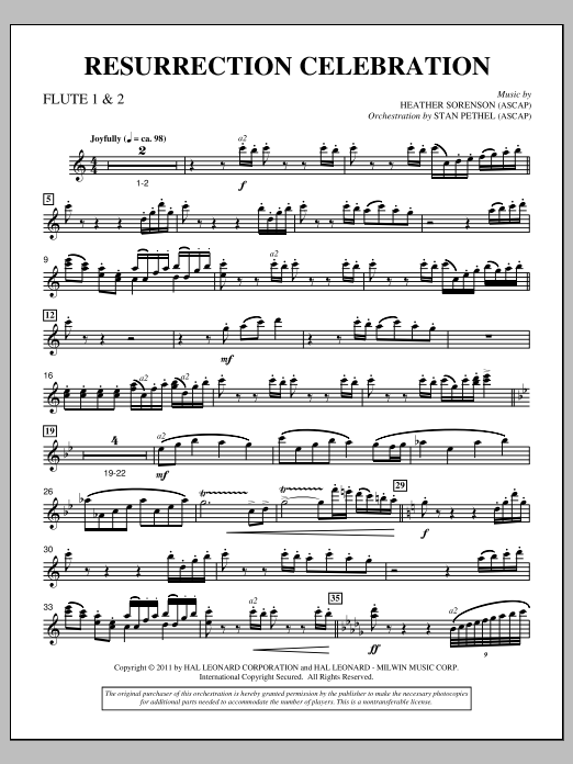 Learn to play Heather Sorenson Resurrection Celebration - Flute 1 & 2 sheet music for Choir Instrumental Pak in minutes. Price: 8.9900$ Heather Sorenson Resurrection Celebration - Flute 1 & 2 sheet music notes and chords arranged for Choir Instrumental Pak