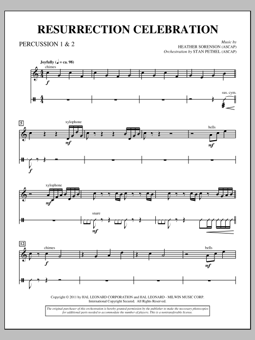 Learn to play Heather Sorenson Resurrection Celebration - Percussion 1 & 2 sheet music for Choir Instrumental Pak in minutes. Price: 8.9900$ Heather Sorenson Resurrection Celebration - Percussion 1 & 2 sheet music notes and chords arranged for Choir Instrumental Pak