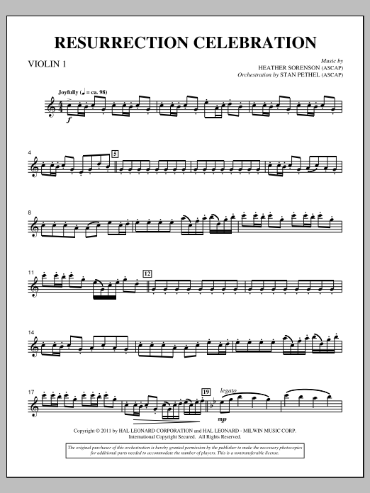 Learn to play Heather Sorenson Resurrection Celebration - Violin 1 sheet music for Choir Instrumental Pak in minutes. Price: 8.9900$ Heather Sorenson Resurrection Celebration - Violin 1 sheet music notes and chords arranged for Choir Instrumental Pak