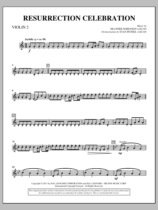 Learn to play Heather Sorenson Resurrection Celebration - Violin 2 sheet music for Choir Instrumental Pak in minutes. Price: 8.9900$ Heather Sorenson Resurrection Celebration - Violin 2 sheet music notes and chords arranged for Choir Instrumental Pak
