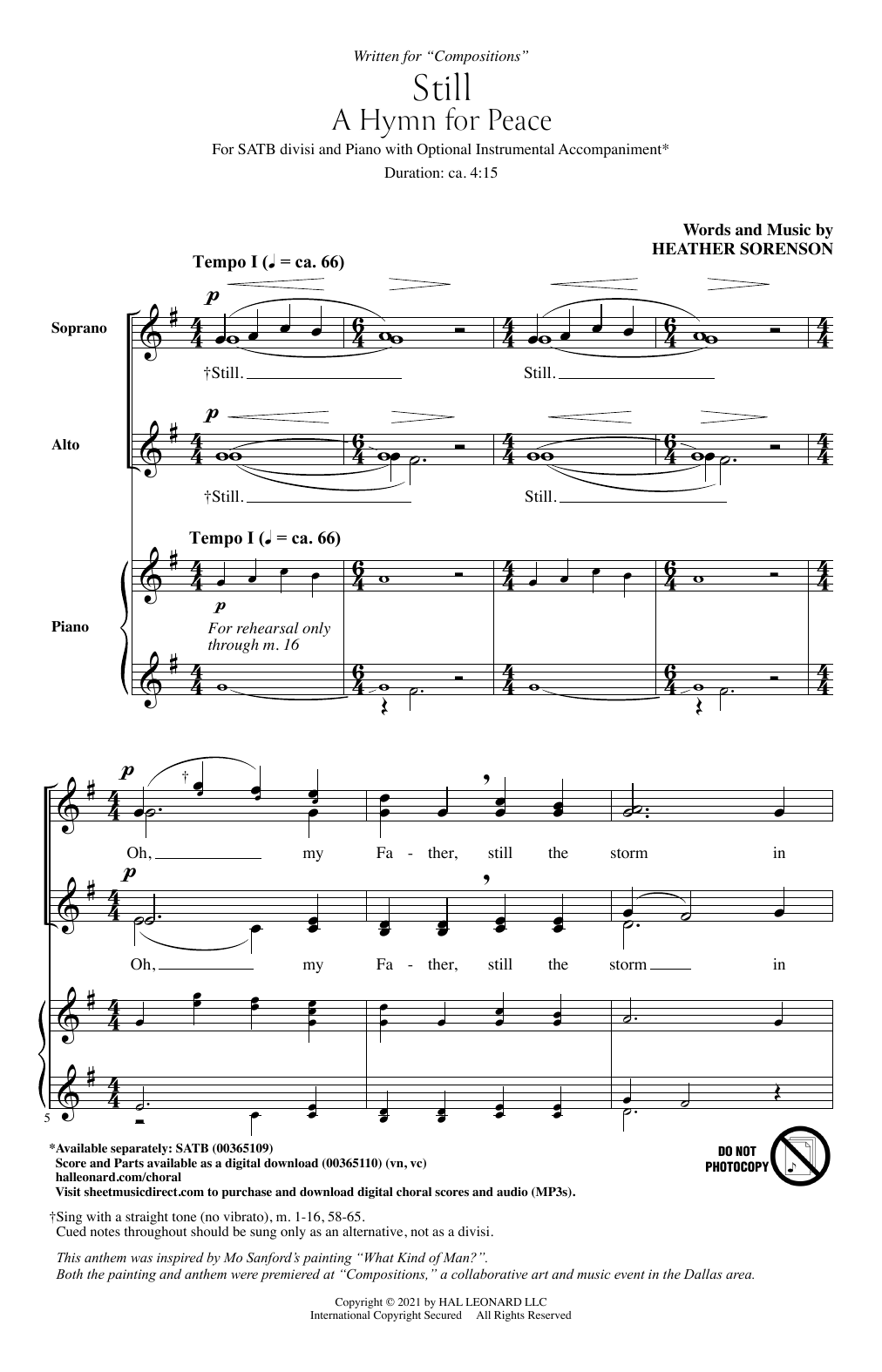 Learn to play Heather Sorenson Still (A Hymn For Peace) sheet music for SATB Choir in minutes. Price: 3.9900$ Heather Sorenson Still (A Hymn For Peace) sheet music notes and chords arranged for SATB Choir