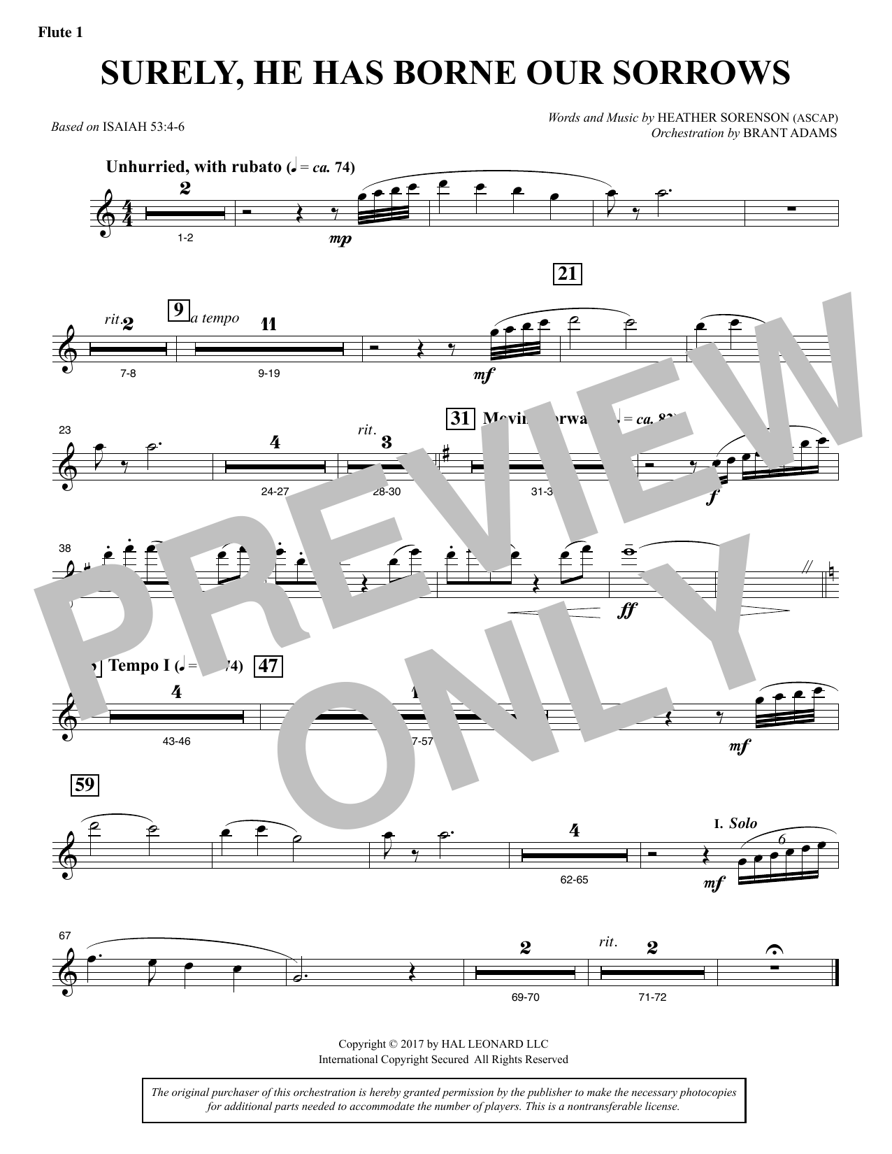 Learn to play Heather Sorenson Surely, He Has Borne Our Sorrows - Flute 1 sheet music for Choir Instrumental Pak in minutes. Price: 8.9900$ Heather Sorenson Surely, He Has Borne Our Sorrows - Flute 1 sheet music notes and chords arranged for Choir Instrumental Pak