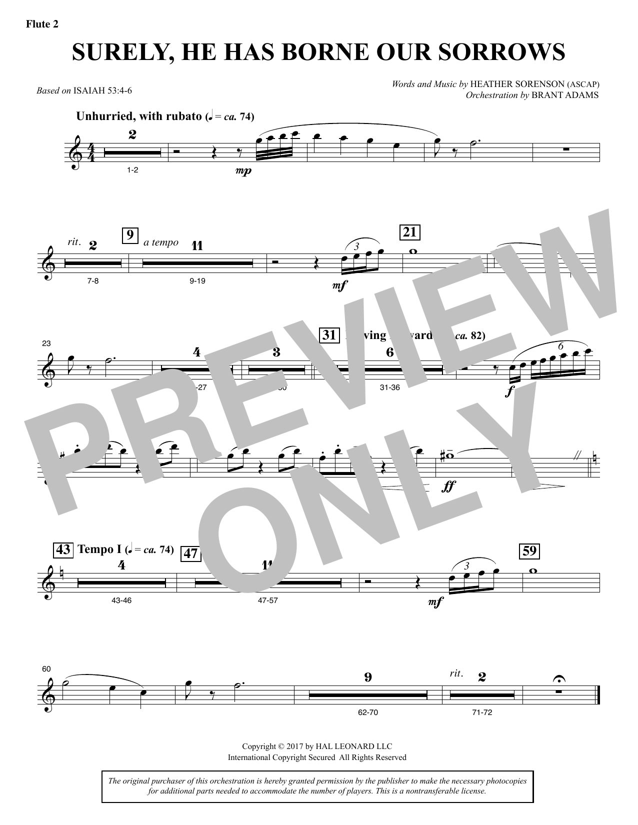 Learn to play Heather Sorenson Surely, He Has Borne Our Sorrows - Flute 2 sheet music for Choir Instrumental Pak in minutes. Price: 8.9900$ Heather Sorenson Surely, He Has Borne Our Sorrows - Flute 2 sheet music notes and chords arranged for Choir Instrumental Pak