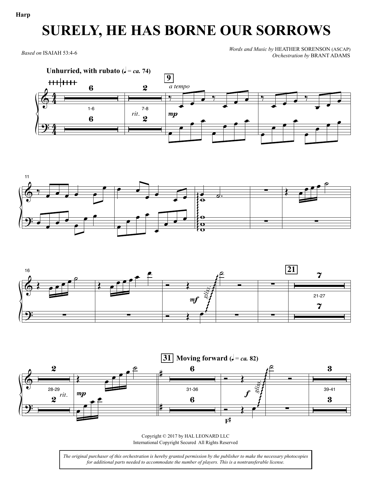 Learn to play Heather Sorenson Surely, He Has Borne Our Sorrows - Harp sheet music for Choir Instrumental Pak in minutes. Price: 8.9900$ Heather Sorenson Surely, He Has Borne Our Sorrows - Harp sheet music notes and chords arranged for Choir Instrumental Pak