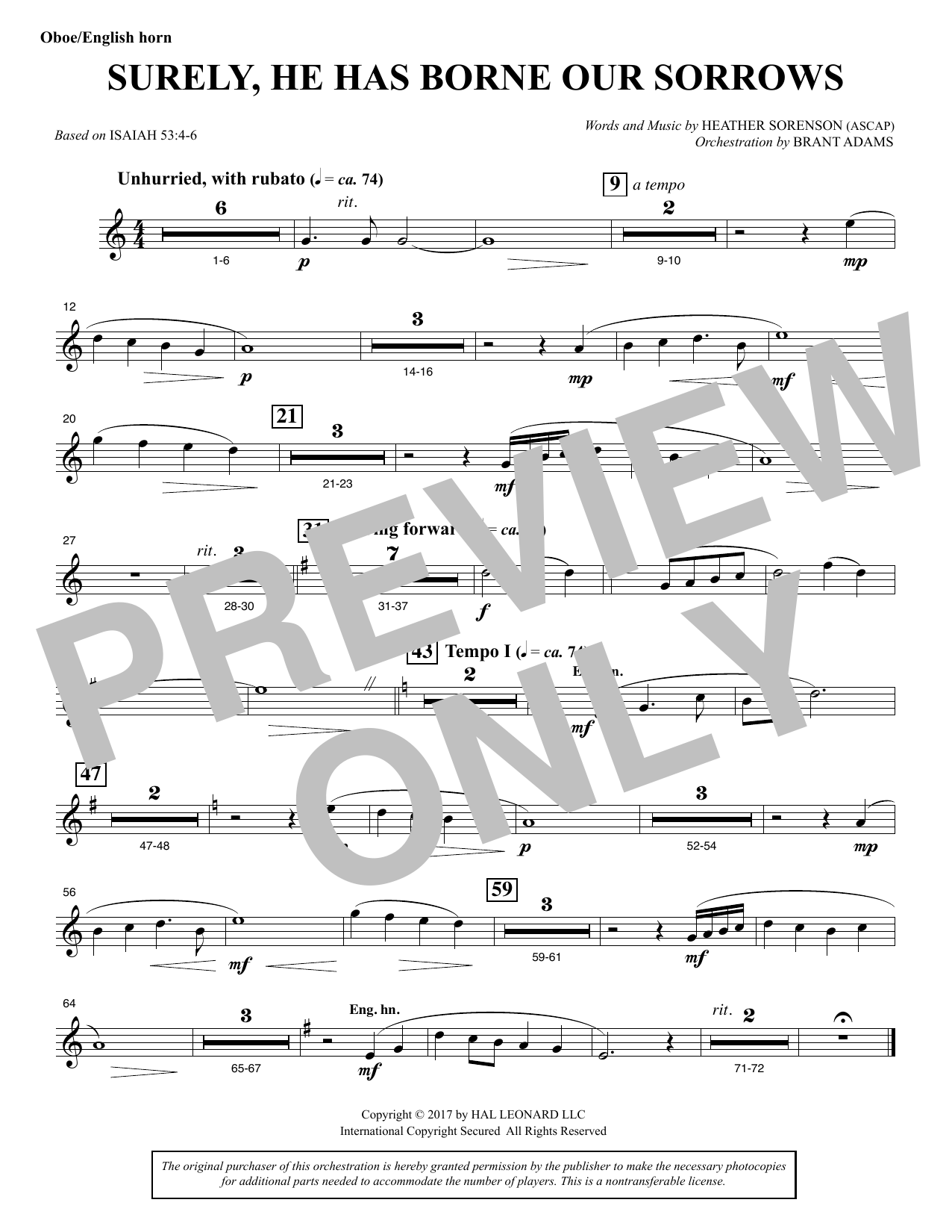 Learn to play Heather Sorenson Surely, He Has Borne Our Sorrows - Oboe/English Horn sheet music for Choir Instrumental Pak in minutes. Price: 8.9900$ Heather Sorenson Surely, He Has Borne Our Sorrows - Oboe/English Horn sheet music notes and chords arranged for Choir Instrumental Pak