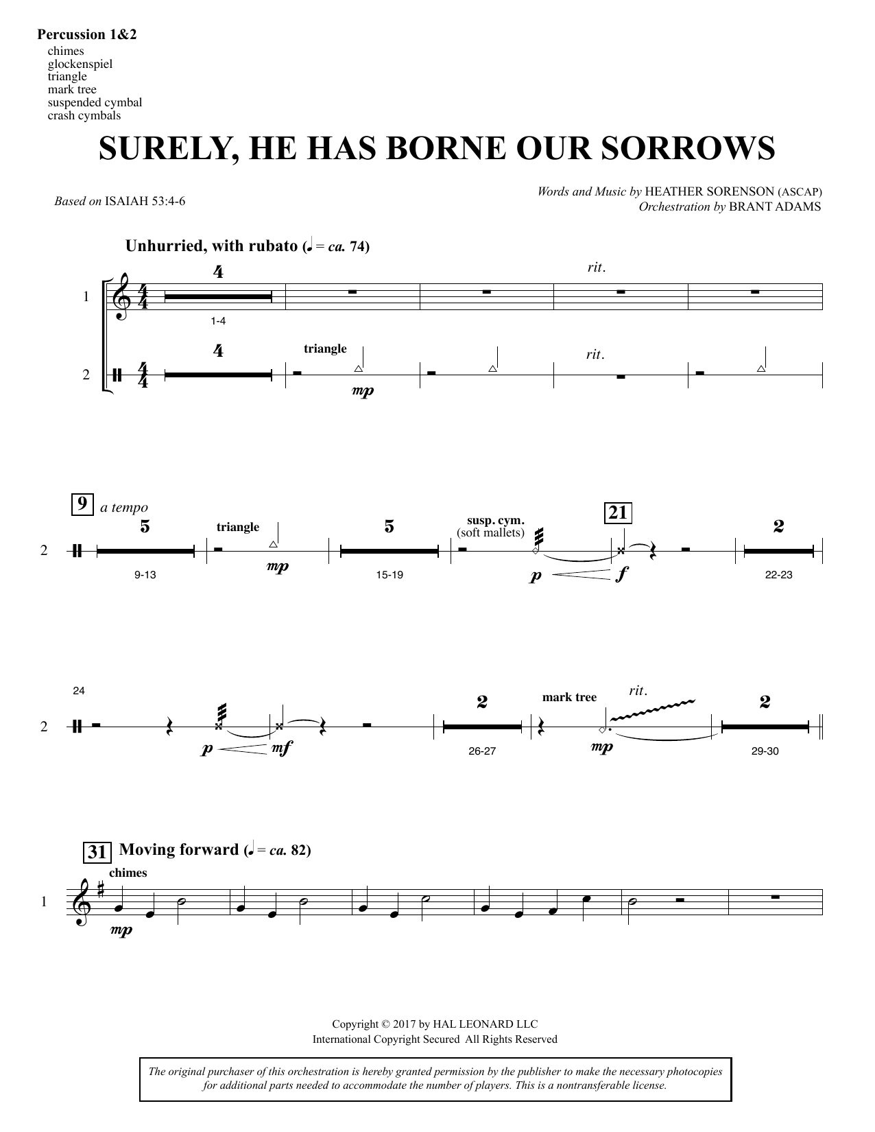 Learn to play Heather Sorenson Surely, He Has Borne Our Sorrows - Percussion 1 & 2 sheet music for Choir Instrumental Pak in minutes. Price: 8.9900$ Heather Sorenson Surely, He Has Borne Our Sorrows - Percussion 1 & 2 sheet music notes and chords arranged for Choir Instrumental Pak