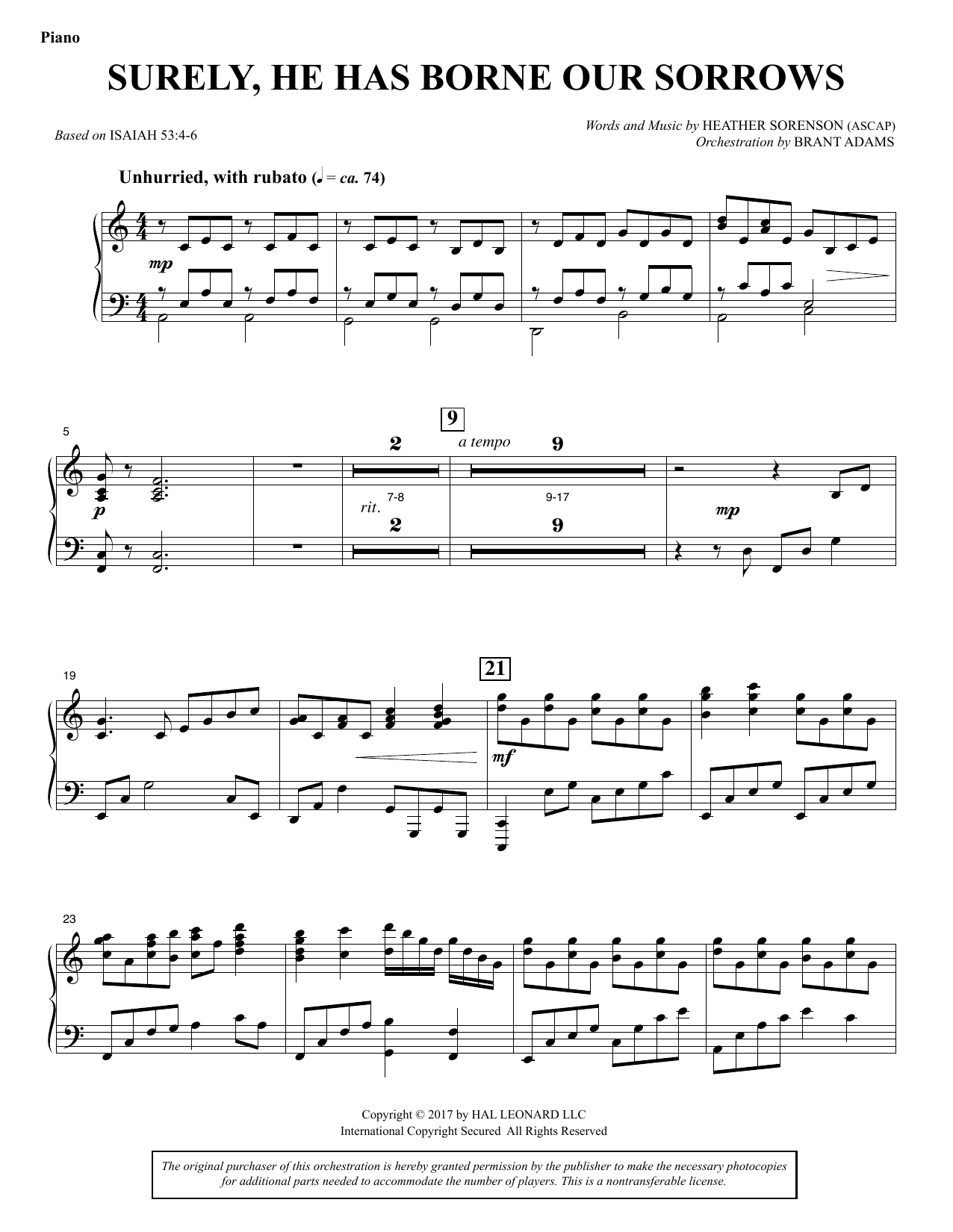 Learn to play Heather Sorenson Surely, He Has Borne Our Sorrows - Piano sheet music for Choir Instrumental Pak in minutes. Price: 8.9900$ Heather Sorenson Surely, He Has Borne Our Sorrows - Piano sheet music notes and chords arranged for Choir Instrumental Pak