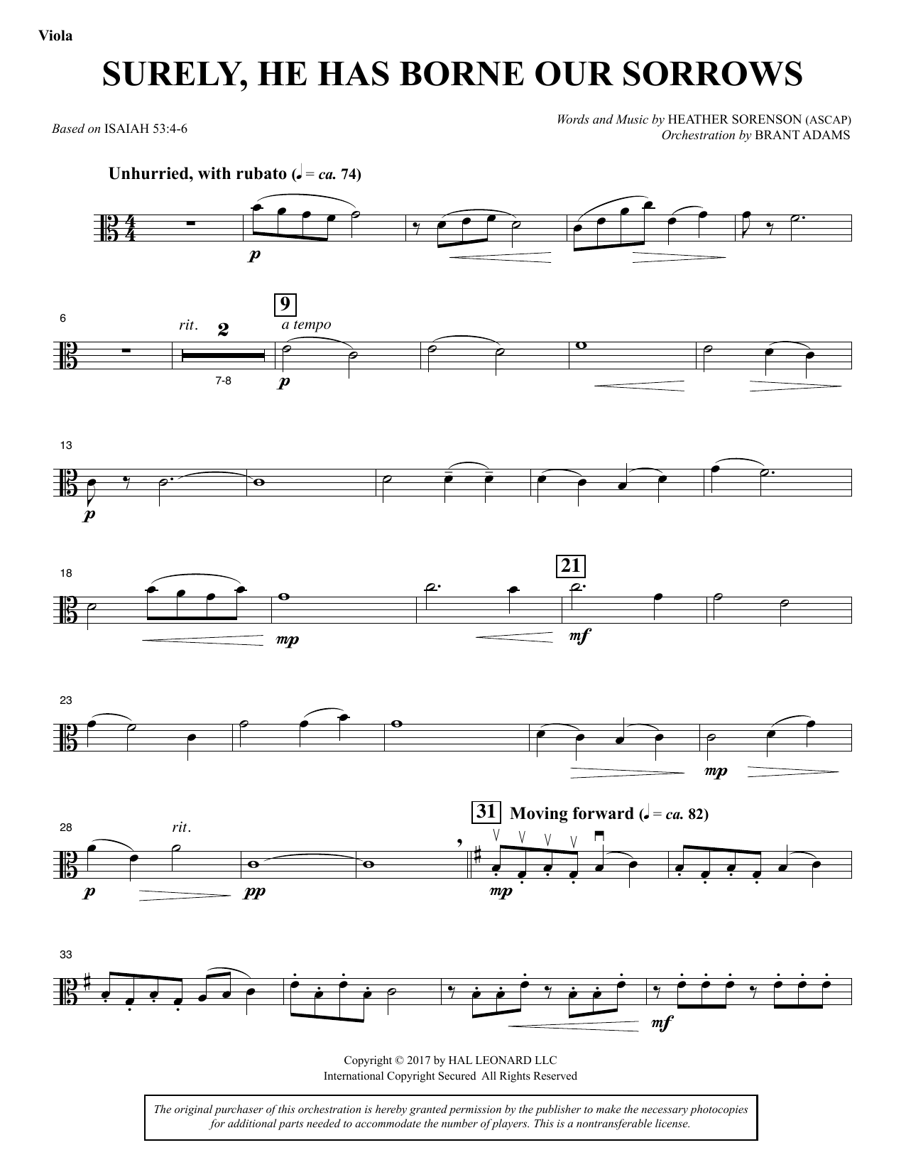 Learn to play Heather Sorenson Surely, He Has Borne Our Sorrows - Viola sheet music for Choir Instrumental Pak in minutes. Price: 8.9900$ Heather Sorenson Surely, He Has Borne Our Sorrows - Viola sheet music notes and chords arranged for Choir Instrumental Pak