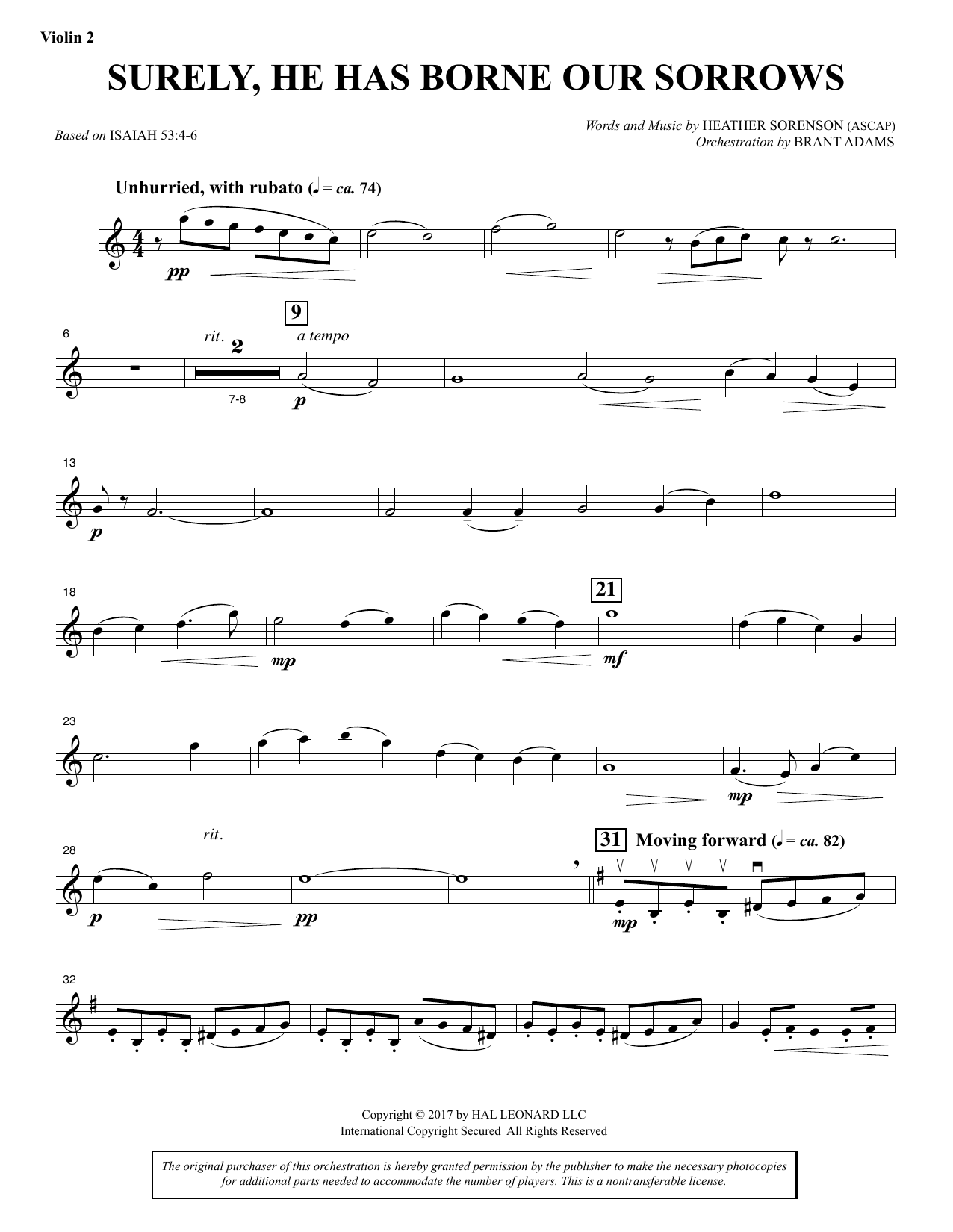 Learn to play Heather Sorenson Surely, He Has Borne Our Sorrows - Violin 2 sheet music for Choir Instrumental Pak in minutes. Price: 8.9900$ Heather Sorenson Surely, He Has Borne Our Sorrows - Violin 2 sheet music notes and chords arranged for Choir Instrumental Pak