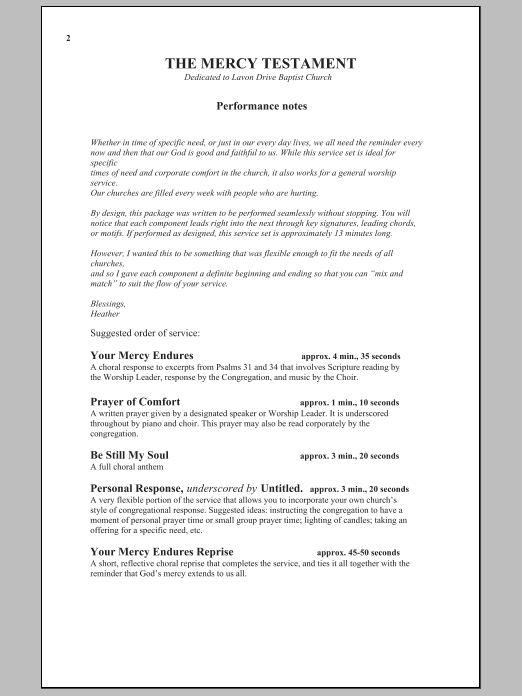 Learn to play Heather Sorenson The Mercy Testament (A Worship Set Of Comfort And Healing) sheet music for SATB Choir in minutes. Heather Sorenson The Mercy Testament (A Worship Set Of Comfort And Healing) sheet music notes and chords. Download Printable PDF.
