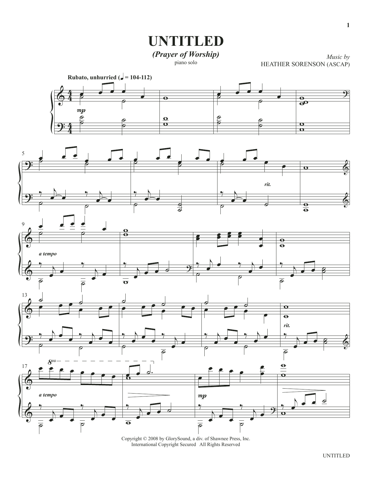 Learn to play Heather Sorenson Untitled (from The Prayer Project) sheet music for Piano Solo in minutes. Price: 7.8900$ Heather Sorenson Untitled (from The Prayer Project) sheet music notes and chords arranged for Piano Solo