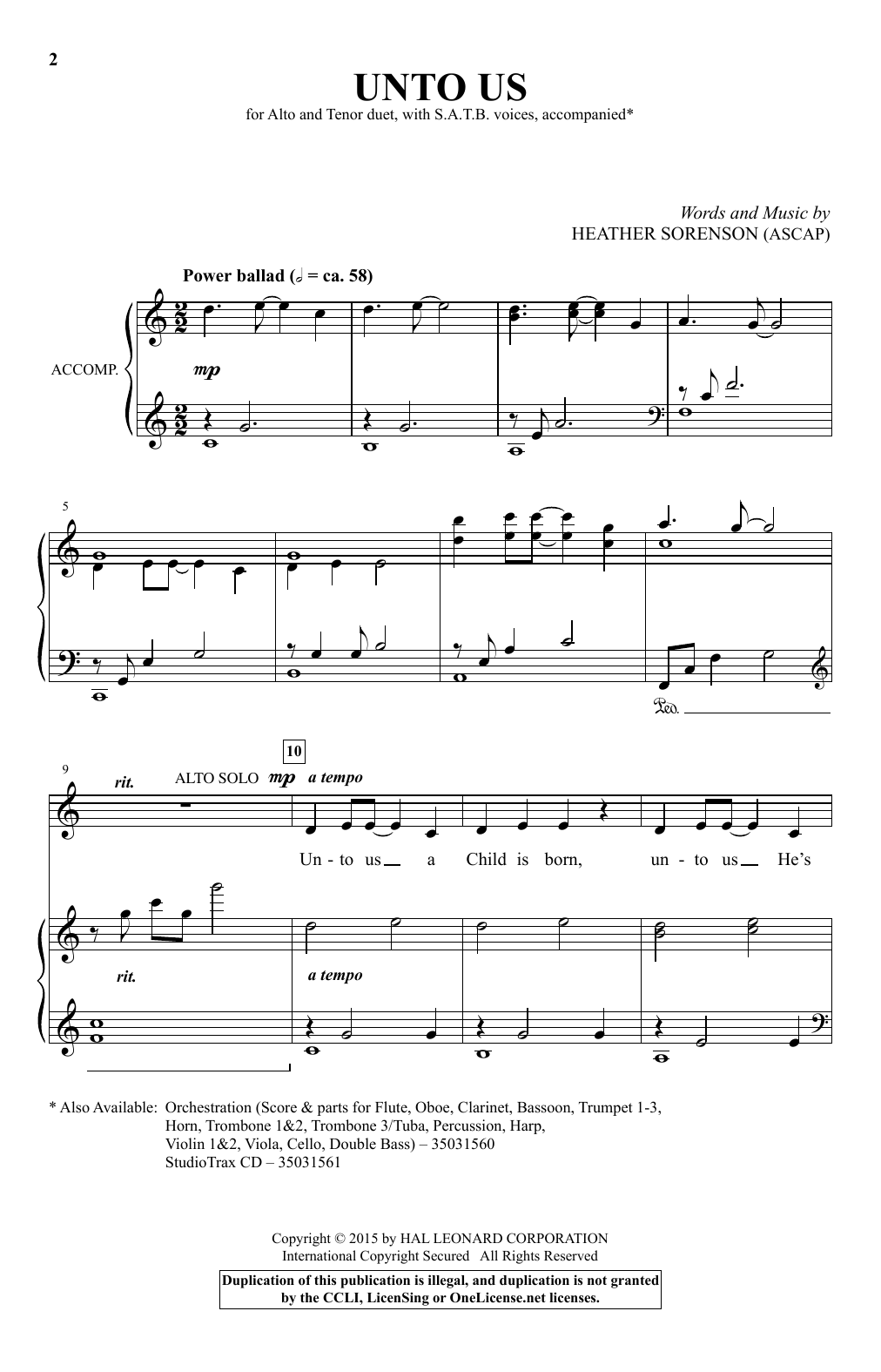 Heather Sorenson Unto Us sheet music notes and chords. Download Printable PDF.