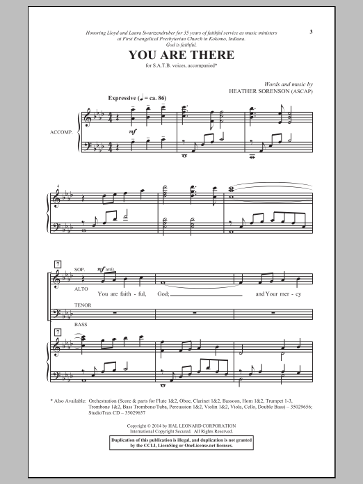 Learn to play Heather Sorenson You Are There sheet music for SATB Choir in minutes. Price: 3.9900$ Heather Sorenson You Are There sheet music notes and chords arranged for SATB Choir