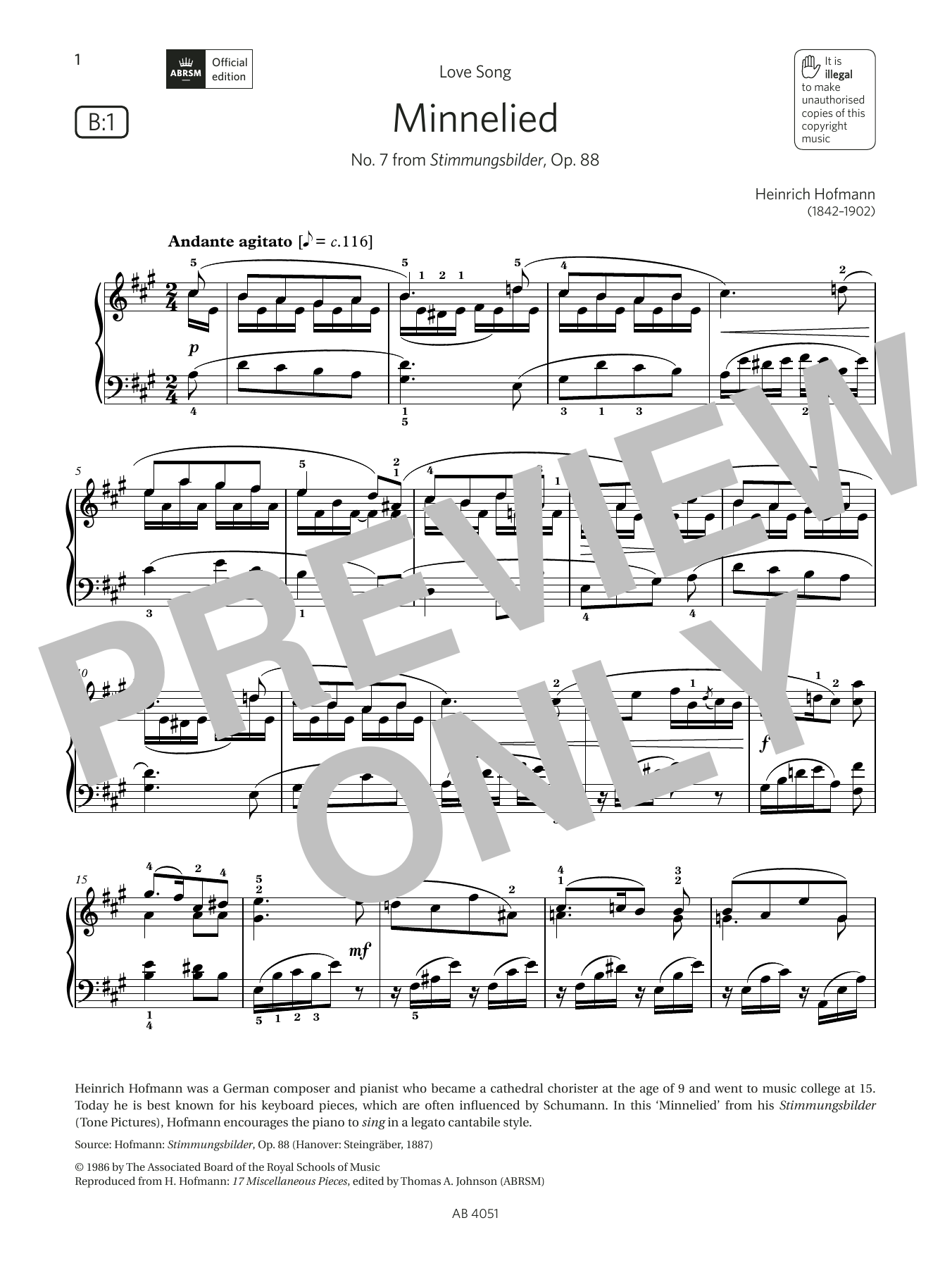 Learn to play Heinrich Hofmann Minnelied (Grade 5, list B1, from the ABRSM Piano Syllabus 2023 & 2024) sheet music for Piano Solo in minutes. Price: 5.9900$ Heinrich Hofmann Minnelied (Grade 5, list B1, from the ABRSM Piano Syllabus 2023 & 2024) sheet music notes and chords arranged for Piano Solo