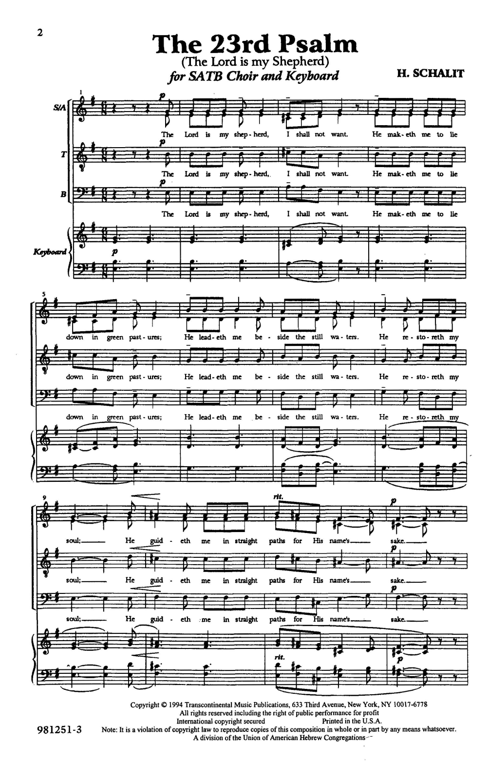 Heinrich Schalit The 23rd Psalm sheet music notes and chords. Download Printable PDF.