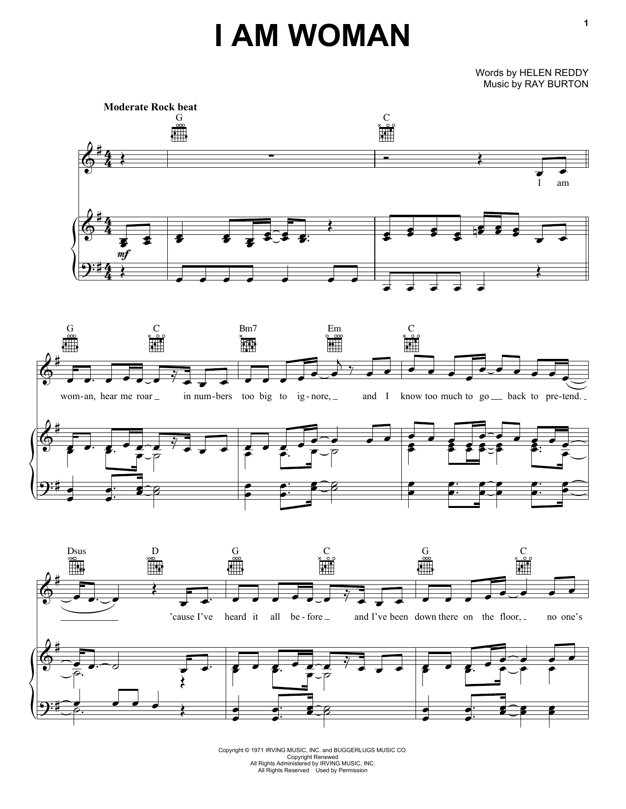 Helen Reddy I Am Woman sheet music notes and chords - Download Printable PDF and start playing in minutes.
