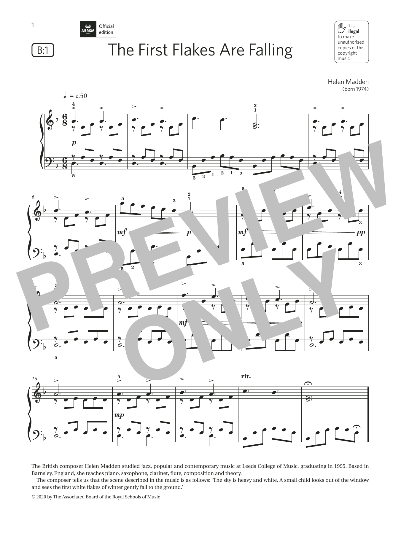 Learn to play Helen Madden The First Flakes Are Falling (Grade 2, list B1, from the ABRSM Piano Syllabus 2021 & 2022) sheet music for Piano Solo in minutes. Price: 4.4900$ Helen Madden The First Flakes Are Falling (Grade 2, list B1, from the ABRSM Piano Syllabus 2021 & 2022) sheet music notes and chords arranged for Piano Solo