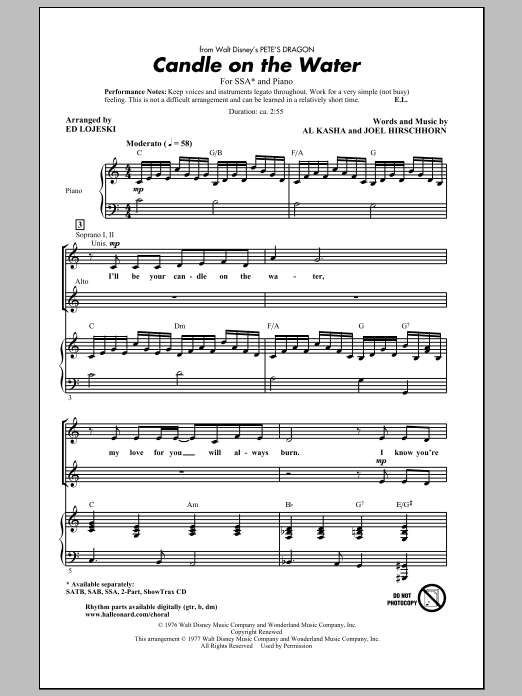 Learn to play Kasha & Hirschhorn Candle On The Water (arr. Ed Lojeski) sheet music for 2-Part Choir in minutes. Price: 3.9900$ Kasha & Hirschhorn Candle On The Water (arr. Ed Lojeski) sheet music notes and chords arranged for 2-Part Choir