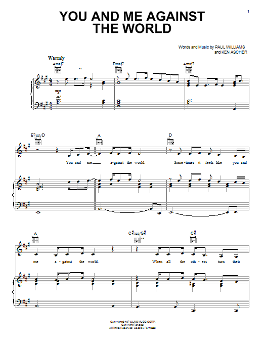 Helen Reddy You And Me Against The World sheet music notes and chords. Download Printable PDF.