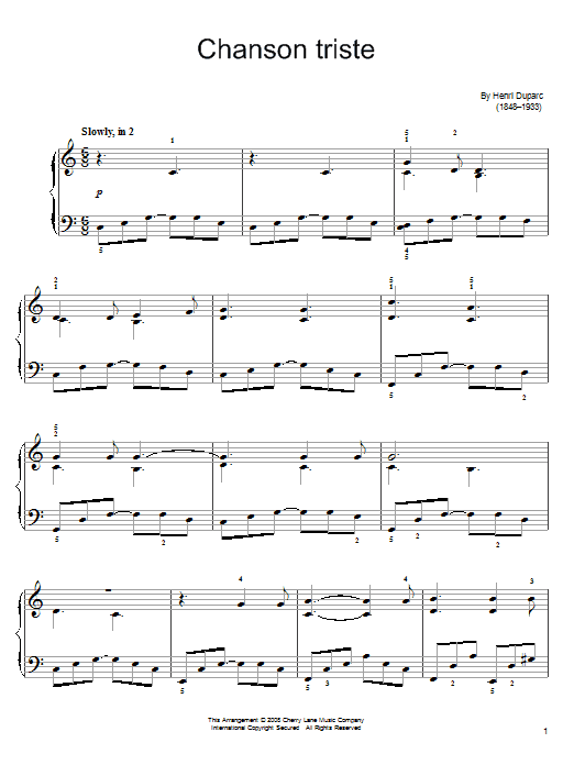 Henri Duparc Chanson Triste sheet music notes and chords. Download Printable PDF.