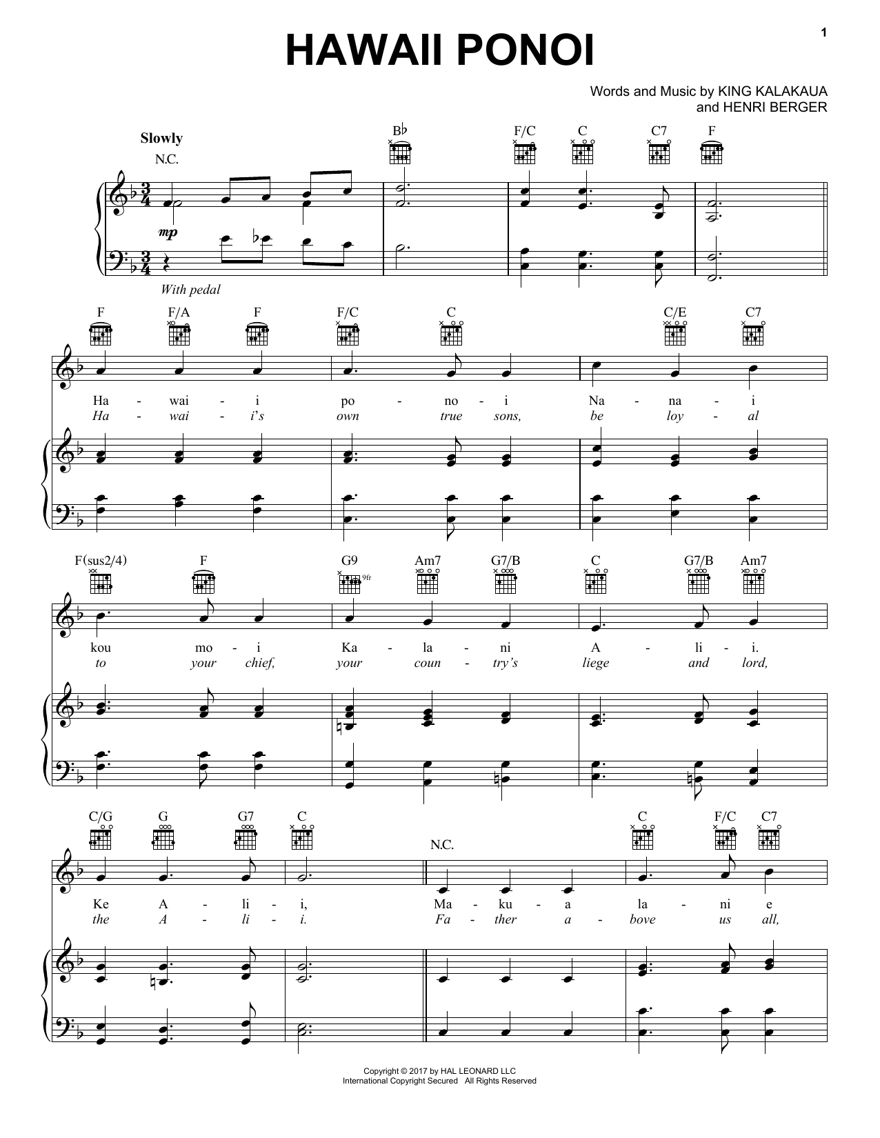 Henri Berger Hawaii Ponoi sheet music notes and chords. Download Printable PDF.