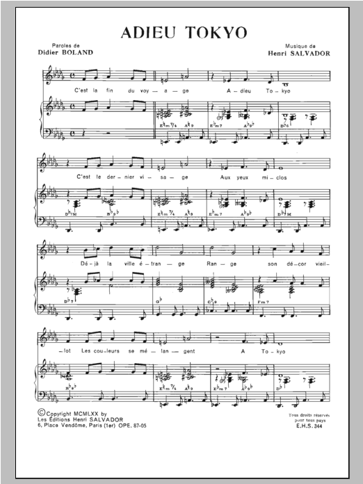 Henri Salvador Adieu Tokio sheet music notes and chords. Download Printable PDF.