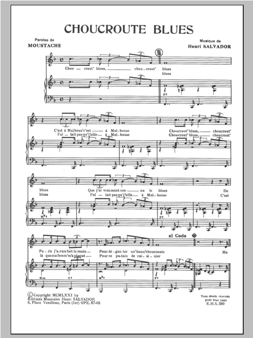 Henri Salvador Choucroute Blues sheet music notes and chords. Download Printable PDF.