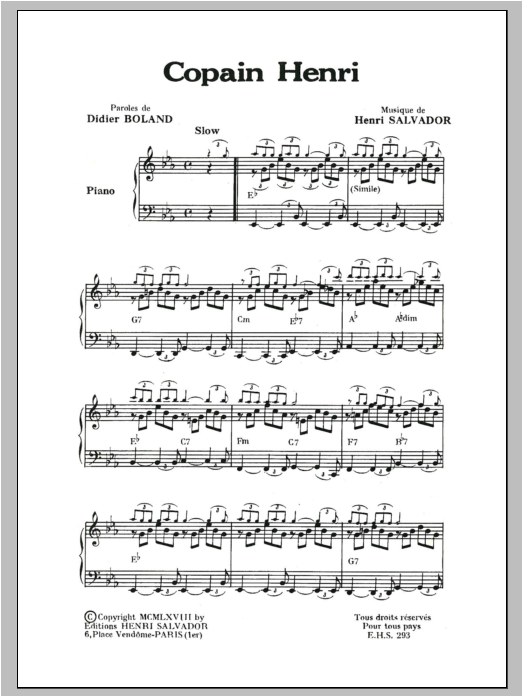 Henri Salvador Copain Henry sheet music notes and chords. Download Printable PDF.