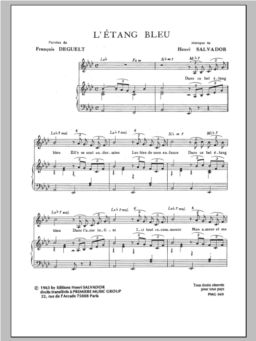 Henri Salvador Etang Bleu sheet music notes and chords. Download Printable PDF.