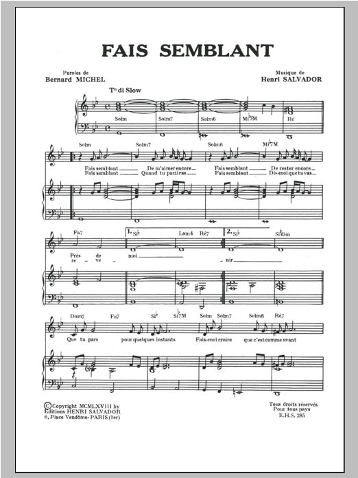 Henri Salvador Fais Semblant sheet music notes and chords. Download Printable PDF.