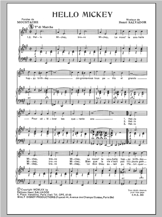 Henri Salvador Hello Mickey sheet music notes and chords. Download Printable PDF.