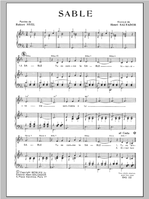 Henri Salvador Sable sheet music notes and chords. Download Printable PDF.