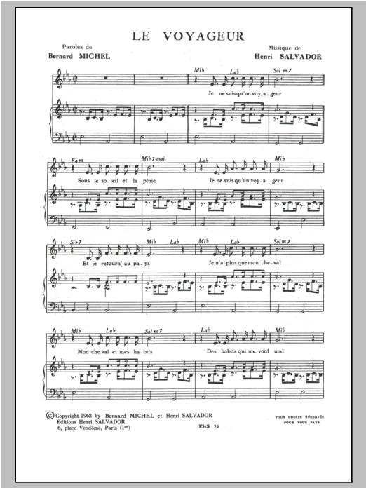 Henri Salvador Voyageur sheet music notes and chords. Download Printable PDF.