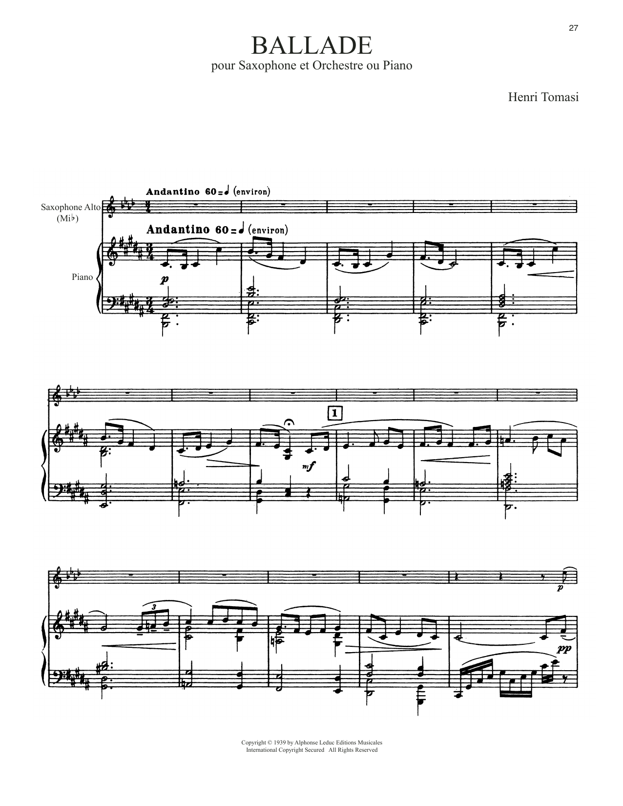 Henri Tomasi Ballade sheet music notes and chords. Download Printable PDF.