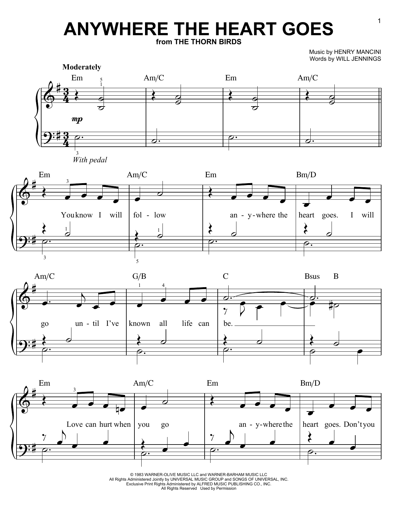 Henry Mancini Anywhere The Heart Goes (from The Thorn Birds) sheet music notes and chords. Download Printable PDF.