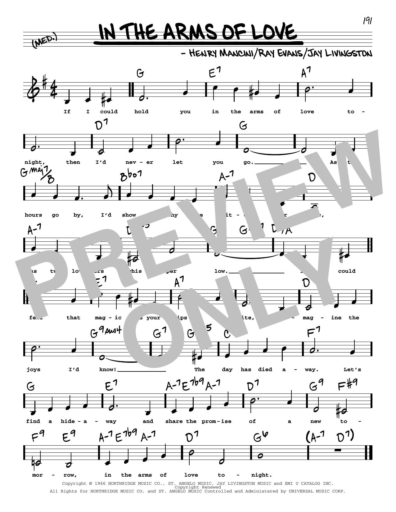 Henry Mancini In The Arms Of Love Low Voice Sheet Music And Chords