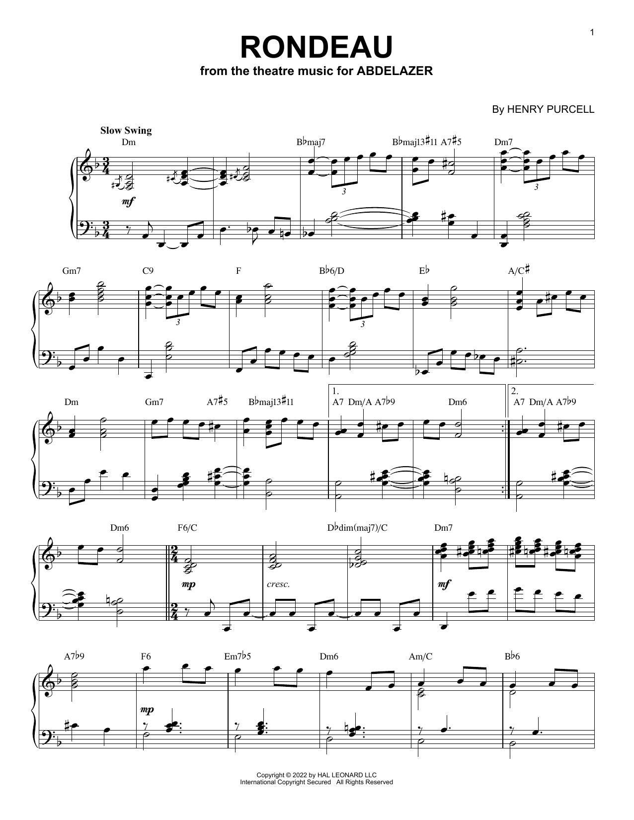 Rondeau Jazz Version Arr Brent Edstrom Sheet Music By Henry Purcell Piano Solo Download 