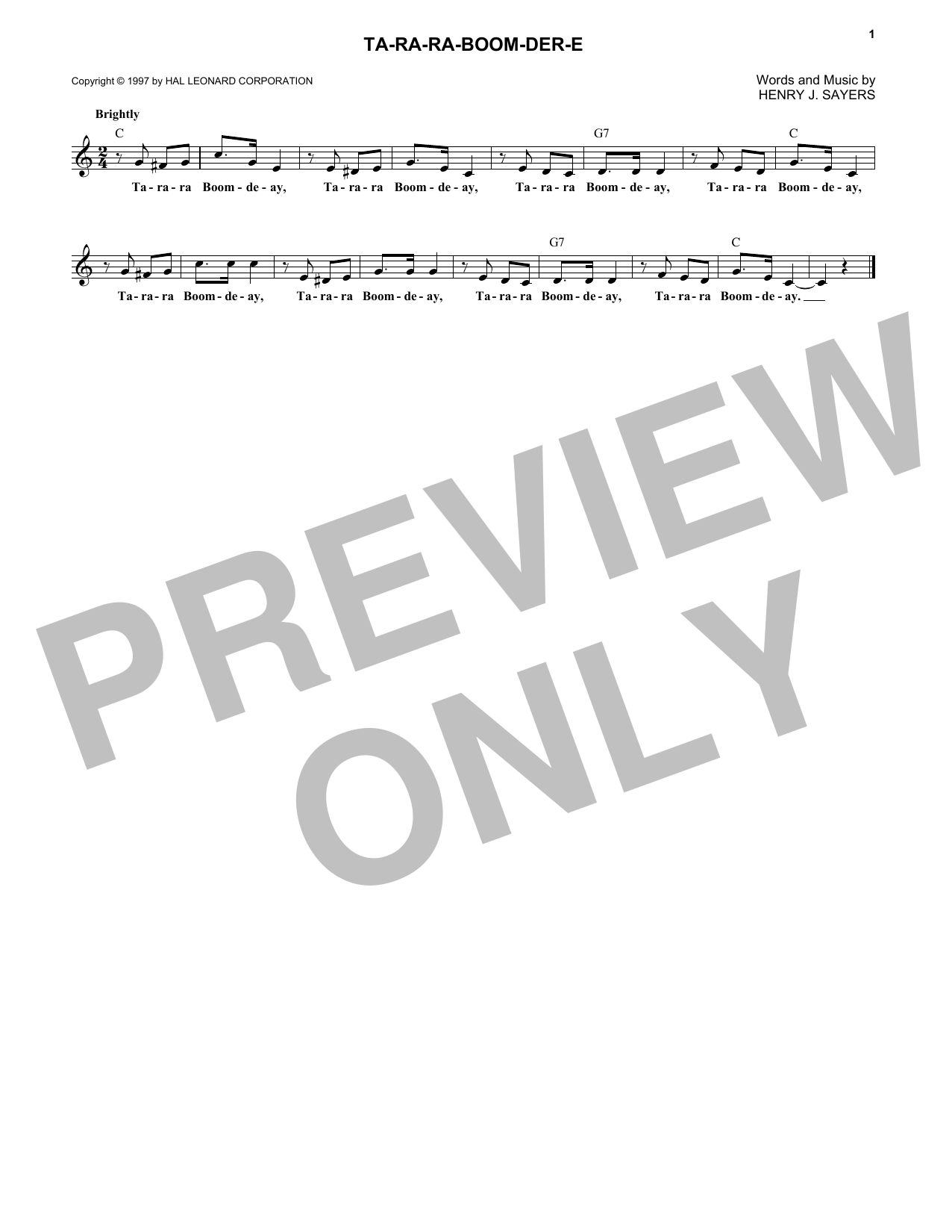 Henry J. Sayers Ta-Ra-Ra-Boom-Der-E sheet music notes and chords. Download Printable PDF.