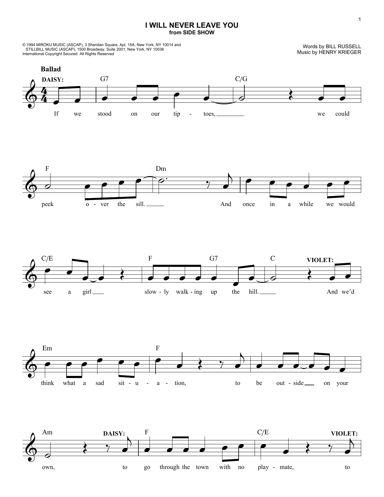 Learn to play Henry Krieger I Will Never Leave You sheet music for Lead Sheet / Fake Book in minutes. Henry Krieger I Will Never Leave You sheet music notes and chords. Download Printable PDF.