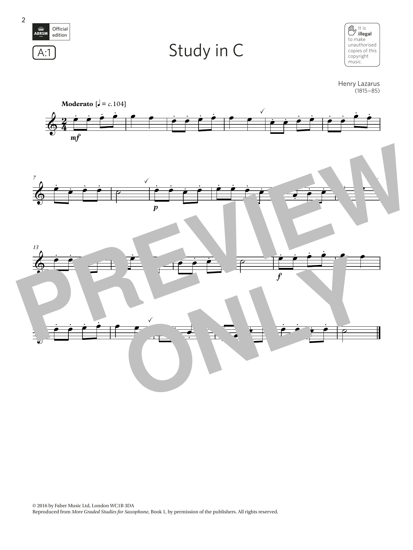 Learn to play Henry Lazarus Study in C (Grade 1 List A1 from the ABRSM Saxophone syllabus from 2022) sheet music for Alto Sax Solo in minutes. Price: 3.9900$ Henry Lazarus Study in C (Grade 1 List A1 from the ABRSM Saxophone syllabus from 2022) sheet music notes and chords arranged for Alto Sax Solo